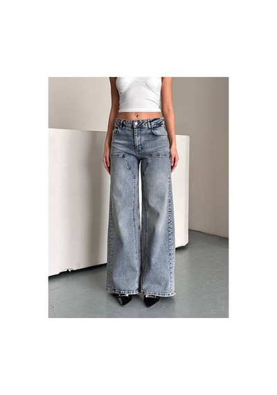 Zdnjeans Kadın Gri Yıkamalı Ultra Wide Leg Palazzo Jean Pantolon