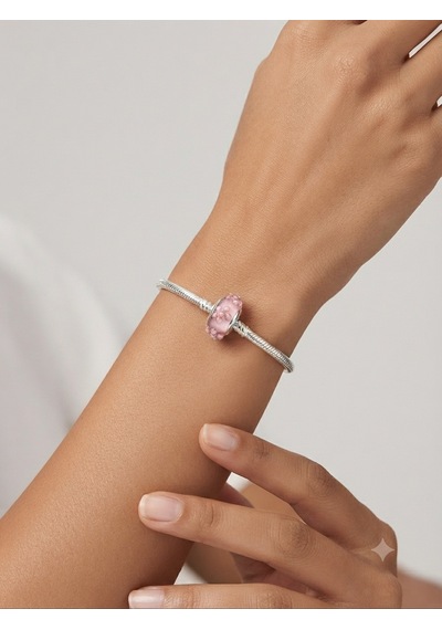Kadın Pembe Çiçek Desenli Murano Model Gümüş Charm