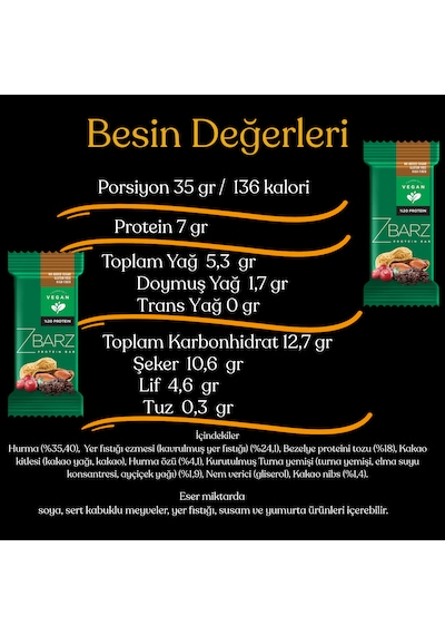 Zbarz Yer Fıstıklı Vegan Proteinli Meyve Barı 12  x 35 G
