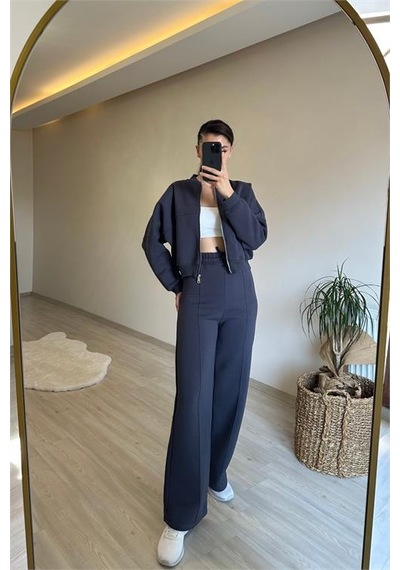 Neşeli Butik Kadın Fermuarlı Oversize Sweat Ve Yüksek Bel Eşofman Takımı Nm018 Antrasit