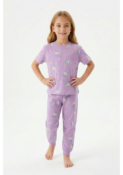 Zuzunga Unicorn Desenli Kısa Kollu Pamuk Kız Çocuğu Pijama Takımı Lila