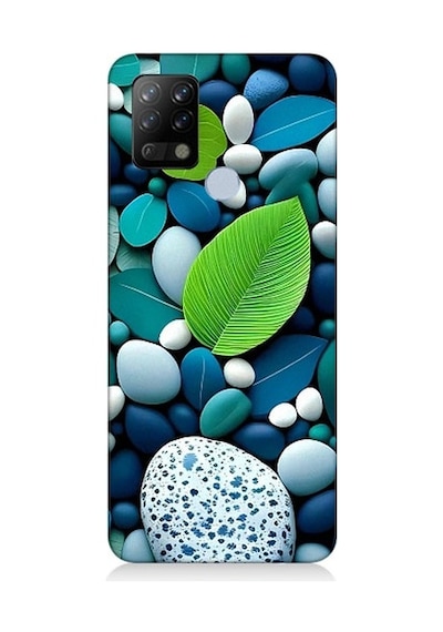 Tecno Pova Uyumlu Mavi Turkuaz Taşlar Ve Yeşil Yaprak Desenli Silikon Kılıf