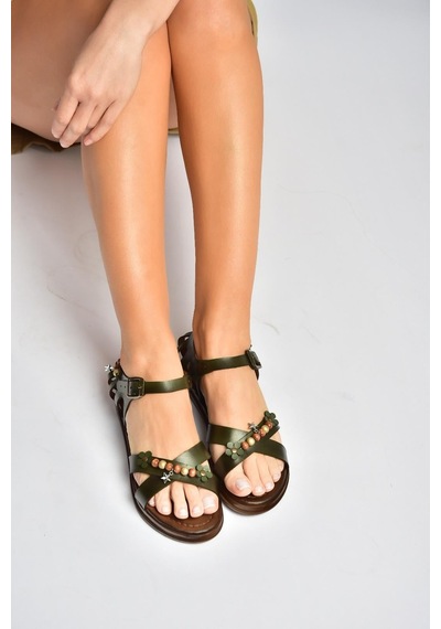 Fox Shoes Y390360203 Yeşil Hakiki Deri Kadın Sandalet