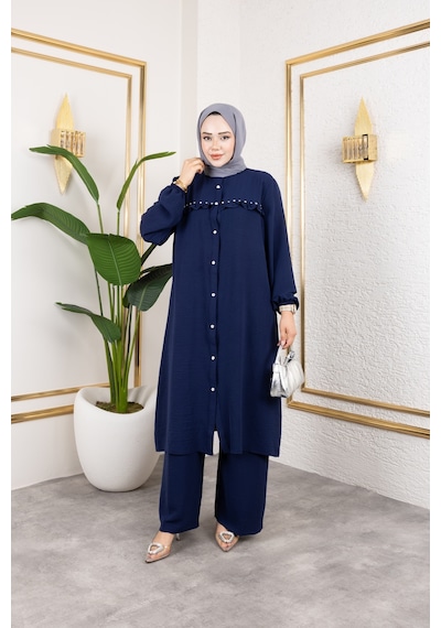 Nevayla Moda Ayrobin Kumaş İnci Detaylı Takım / T105 - Lacivert Lacivert