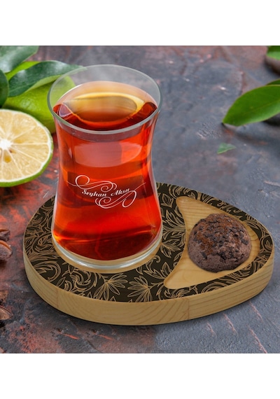Kişiye Özel Retro Motif Tasarımlı Doğal Ahşap Tabaklı Heybeli Çay Bardağı Sunum Seti Model 16