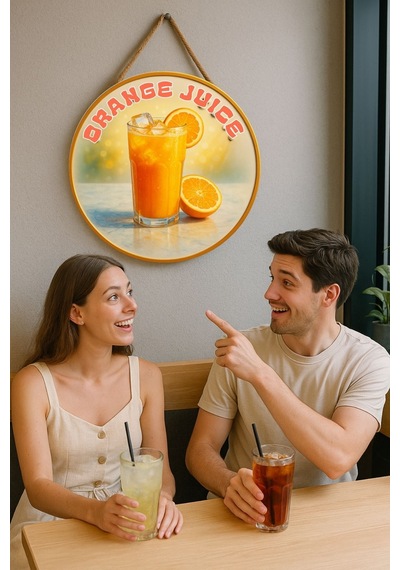 Orange Juice Portakal Suyu Temalı Kapı Süsü Tablosu, Uv Baskılı Meyve Desenli Cafe Duvar Dekoru