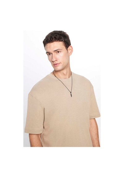 Tudors Unisex Oversize Geniş Kesim Pamuklu Yumuşak Dokulu Basic Bisiklet Yaka Bej Tişört-31579-bej Bej