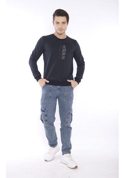 Escetic Erkek Spor Slimfit, Bisiklet Yaka Lacivert Sweatshirt-427 Lacivert
