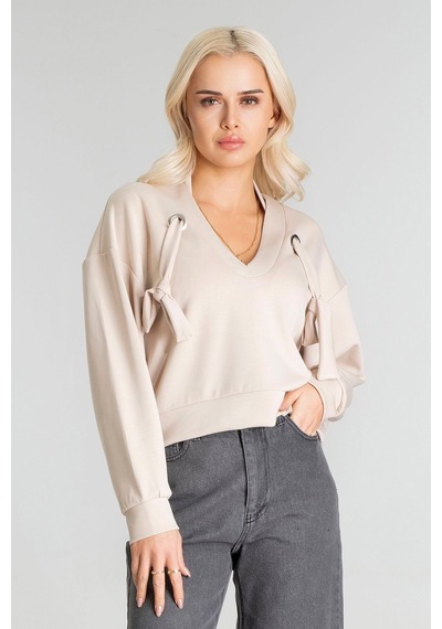 Kadın Modal Cupra Kumaş Kuşgözü Kordonlu Sweatshirt Bej