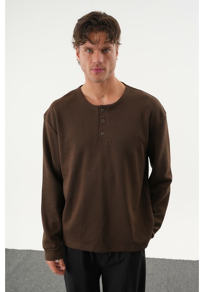 Redline Taren Oversize Erkek Kışlık Düğmeli Sweatshirt Kahverengi