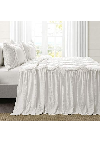 Lush Décor Riviera Fırfırlı Etek Yatak Örtüsü Beyaz Salaş Şık Çiftlik Evi Tarzı Hafif 3 Parça Set Polyester Genel