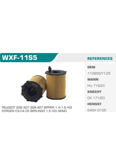 WINKEL WXF-11S5 Yağ Filtresi 107 206 207 301 307 308 407 Bipper Partner Tepee / C-Elysee C1 Nemo Berlingo / Yağ Filtresi 37877942