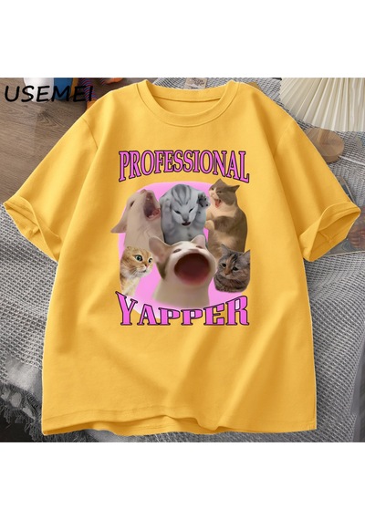 Flood Of Style Professional Yapper Cat Graphic T Shirts Women Men Cotton Short Sleeve T-shirts Casual O Neck Sarı
