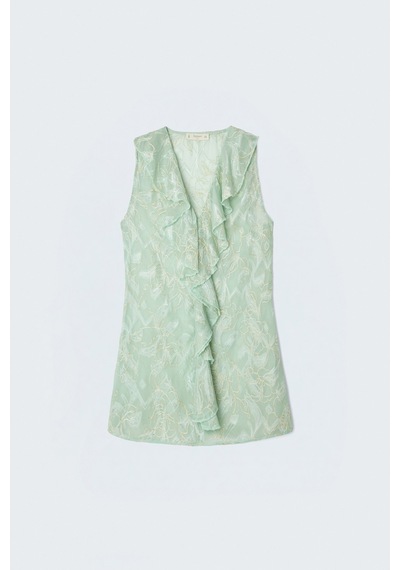 Sateen Nakışlı Fırfır Detaylı Transparan Bluz - Mint-137681 MİNT