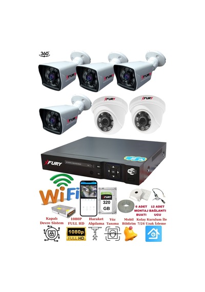 Fury 2 İç 4 Dış Kameralı 5mp Lens 2mp Görüntü Gece Görüşlü Full Hd Güvenlik Kamerası 14125525 320 Gb
