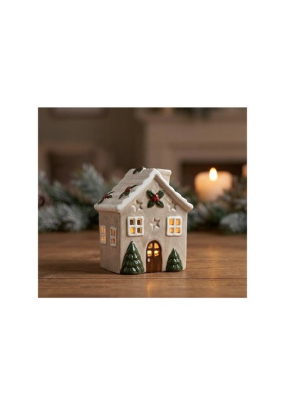 Seramik Ev Mumluk - Yılbaşı Konseptli Dekoratif Seramik Ev Biblo Tealight Holder 12.5 Cm Bej
