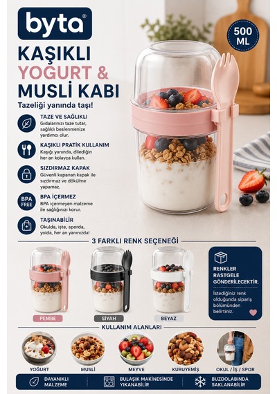 Kaşıklı Yoğurt Ve Musli Kabı 500 Ml Sızdırmaz Kapaklı Taşınabilir Kahvaltılık Ve Atıştırmalık Saklama Kabı Çok Renkli