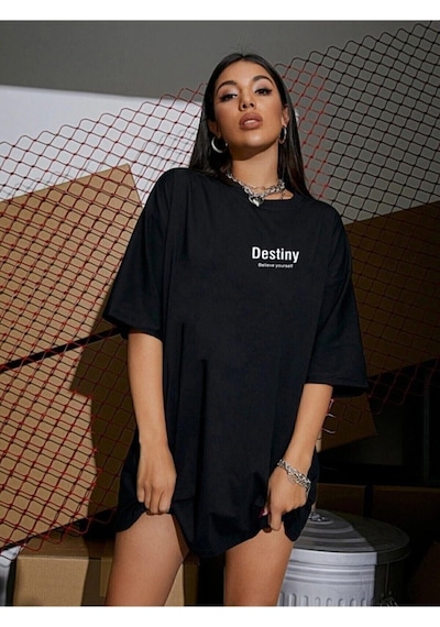 Destiny T-shirt - Siyah Baskılı Oversize Bisiklet Yaka Kısa Kol Tişört Siyah