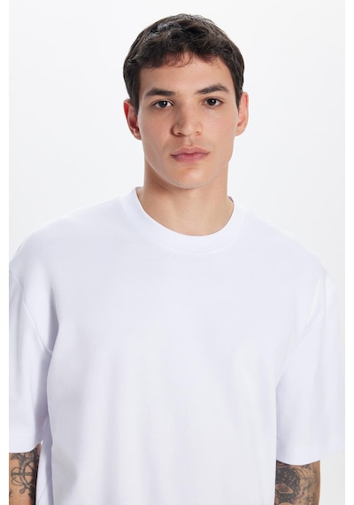 Tudors Unisex Oversize Geniş Kesim %100 Pamuk Yumuşak Dokulu Basic Bisiklet Yaka Beyaz Tişört-30842