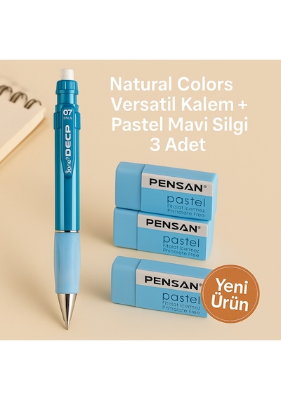 Natural Mavi Versatil Kalem + Pastel Mavi Silgi 3 Adet Mavi
