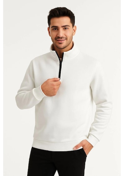 Novalisse Erkek Dik Yaka Yarım Fermuarlı 3 İplik Pamuklu Sweatshirt - Beyaz Çoklu Renk