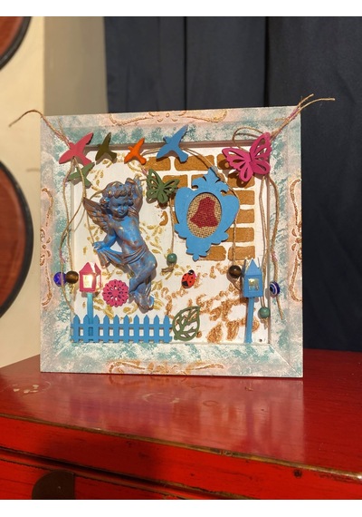 Ozel Tasarım Melek Figürlü Led Işıklı Ahşap Tablo 30 X 30 CM