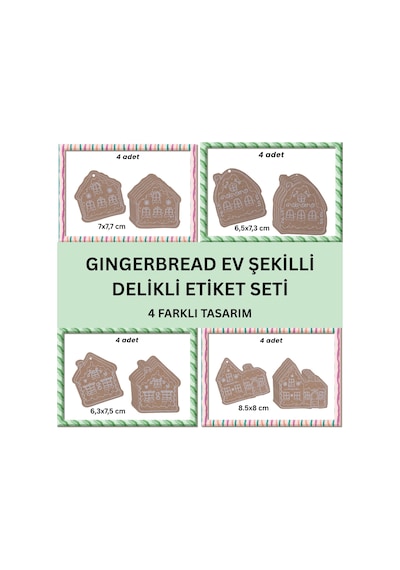 Yılbaşı, Gingerbread Ev Tasarımlı Hediye Etiket & 10m Jüt İp Seti