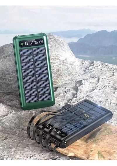 Solar 10.000 Mah Güneş Enerjili Led Işıklı Powerbank Şarj Aleti 2x Usb Çıkışlı Çoklu Kablolu Kahverengi