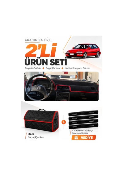 Honda Cıvıc Ef 1988-1991 Uyumlu Torpido Örtüsü + Deri Bagaj Çantası + Sticker Seti - Siyah Kırmızı