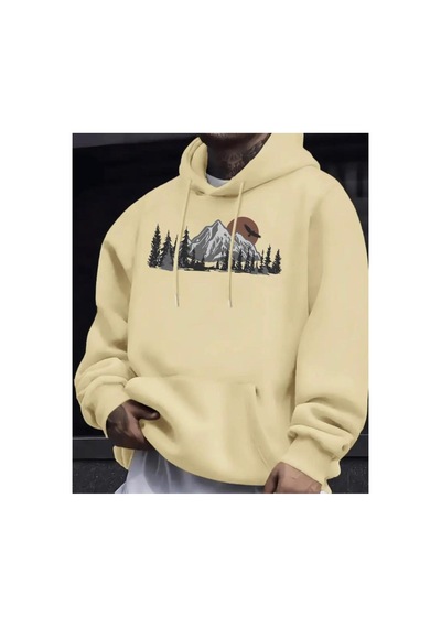 Herkesemoda Dağ Baskı Detaylı İçi Polarlı Kapüşonlu Sweatshirt Bej