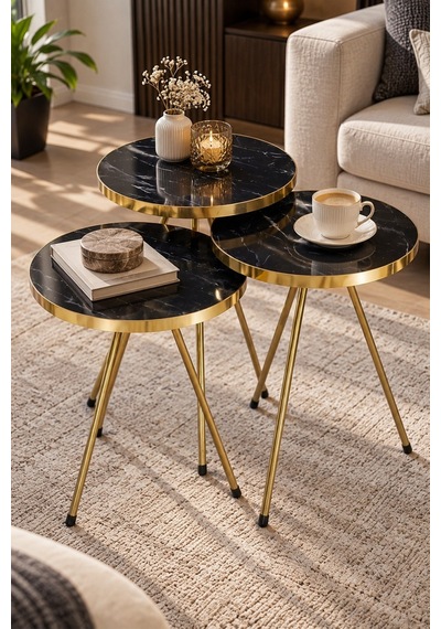 Sulorahome Siyah Mermer Desenli Gold Metal Zigon Sehpa Seti 3'lü