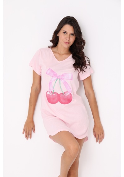 Yasar Underwear Kiraz Baskılı %100 Pamuk Gecelik Pembe Pembe