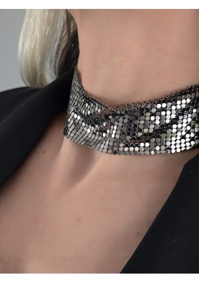 Arpa Pul Payet Zırh Metal Geniş Model Antrasit Choker Kolye Antrasit Çok Renkli