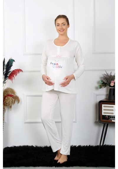 Akbeniz Kadın Uzun Kol Hamile Lohusa Pijama Takımı Ekru 45501-ekru