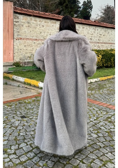 Açelyaokcu Premium Şal Yaka Mob Wife Suni Kürk Maxi Kadın Kaban Gri
