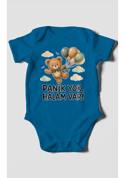 Morivokids Panik Yok, Halam Var Kısa Kollu Bebek Body %100 Pamuk Koyu Mavi