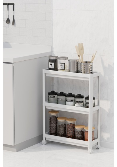 Slim Beyaz Tekerlekli Dikdörtgen 3 Katlı Raf Ünitesi - Banyo Mutfak Düzenleyici Organizer Raf Modern