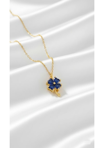 Çekirdekjewelry 925 Ayar Gümüş Safir Taşlı Yonca Kolye Sarı