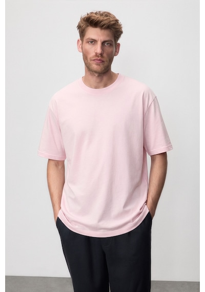 Grımelange Jett Erkek Oversize Fit Organik Pamuk Kalın Dokulu Bisiklet Yakalı Açık Pembe T-shir