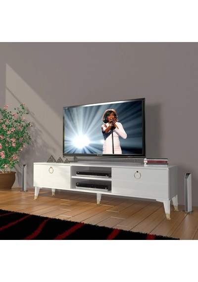 Decoraktiv Eko 140 Mdf Dvd Gold Tv Ünitesi Tv Sehpası - Parlak Beyaz Parlak Beyaz
