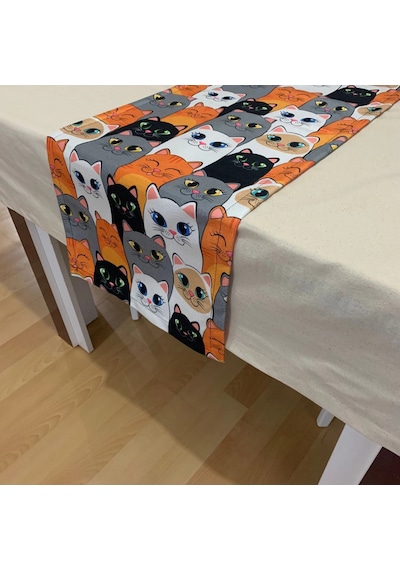 Renkli Kedi Figürlü, Yüksek Kaliteli Dijital Baskılı Runner, Dayanıklı, Modern Tasarım 40x110 Cm Çok Renkli