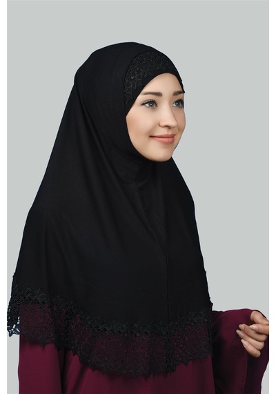 Altobeh İkili Set Dantelli Pratik Eşarp Hazır Hijab ve Tesettür Bonesi XL - Siyah