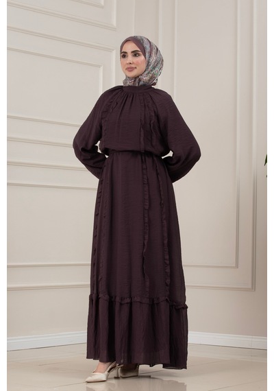 Sevitli Fırfır Detaylı Kuşaklı Eylül Elbise-mürdüm-5800