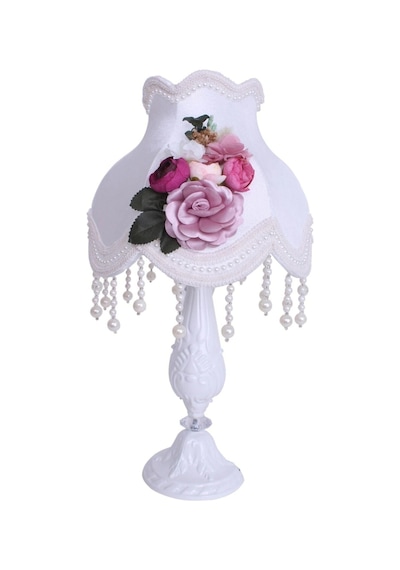 Beyaz Kadife Kaplı Çiçekli Dekorlu Başlık Beyaz Metal Ayaklı Klasik Model Abajur 55x25cm