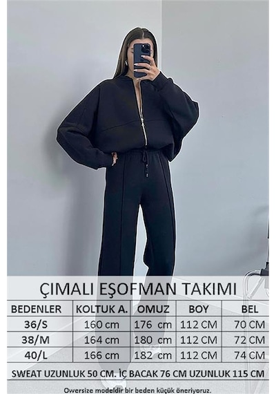 Neşeli Butik Kadın 3 İplik İçi Pamuklu Kışlık Eşofman Takımı Gts018 - Siyah Siyah