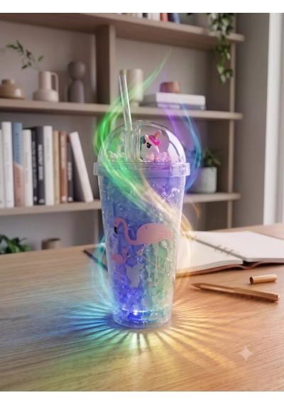 Işıklı Unicorn Ve Flamingo Desenli Çift Katmanlı Jel Buzlu Pipetli Bardak - 450ml - Renk Değiştiren Led Tabanlı