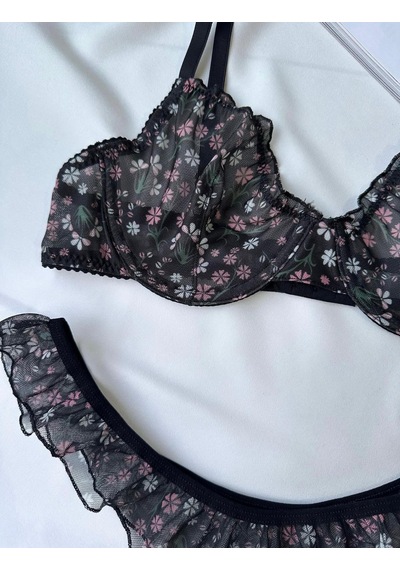 Siyah Çiçek Detaylı Balenli Bralet Sütyen Set Siyah