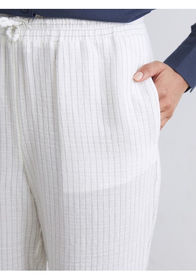 Lcw Modest Ekru Beli Lastikli Çizgili Keten Görünümlü Kadın Pantolon