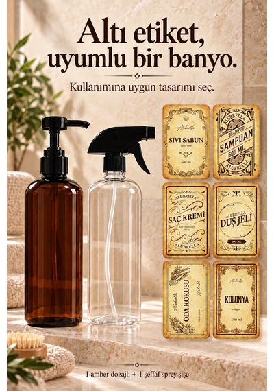 Alubrella 500 Ml Amber Pompalı Ve Şeffaf Sprey Boş Şişe 2 Li Set Ve Banyo Etiketleri