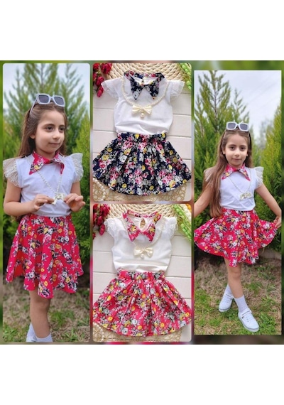 MODAVALS DANTELLİ KOLYELİ ÇİÇEK DESENLİ KIZ ÇOCUK ETEKLİ KOMBİN - SİYAH Siyah